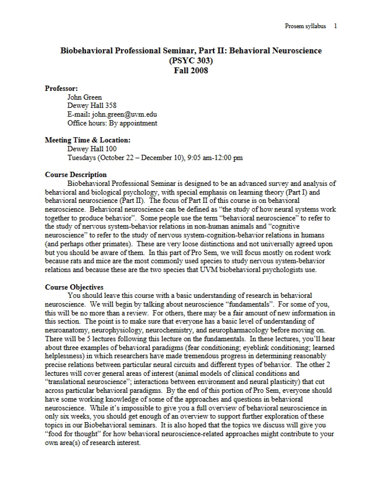 Course Syllabus for Biobehavioral Proseminar