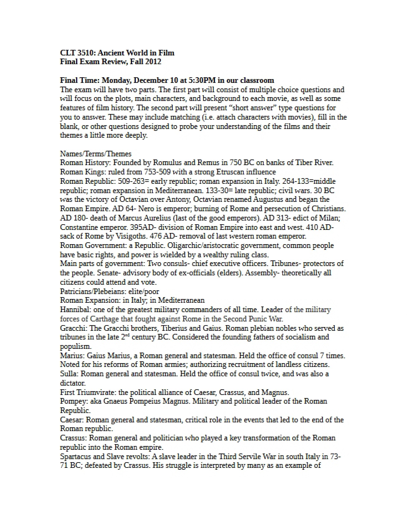 Final Examination Review for Ancient World in Film