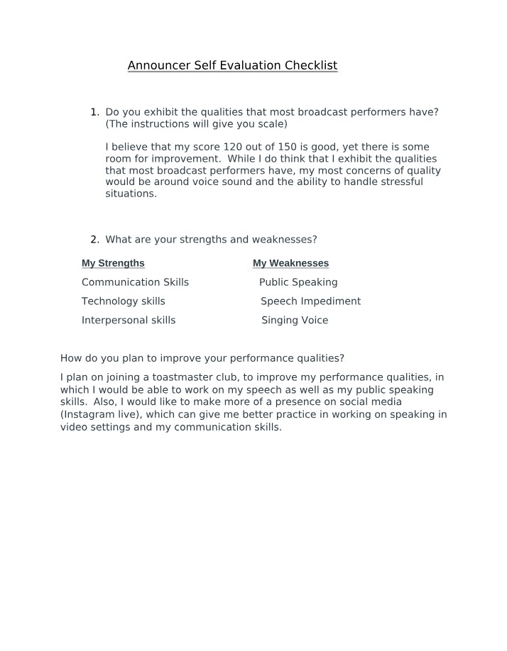 Self Evaluation Checklist for Announcers