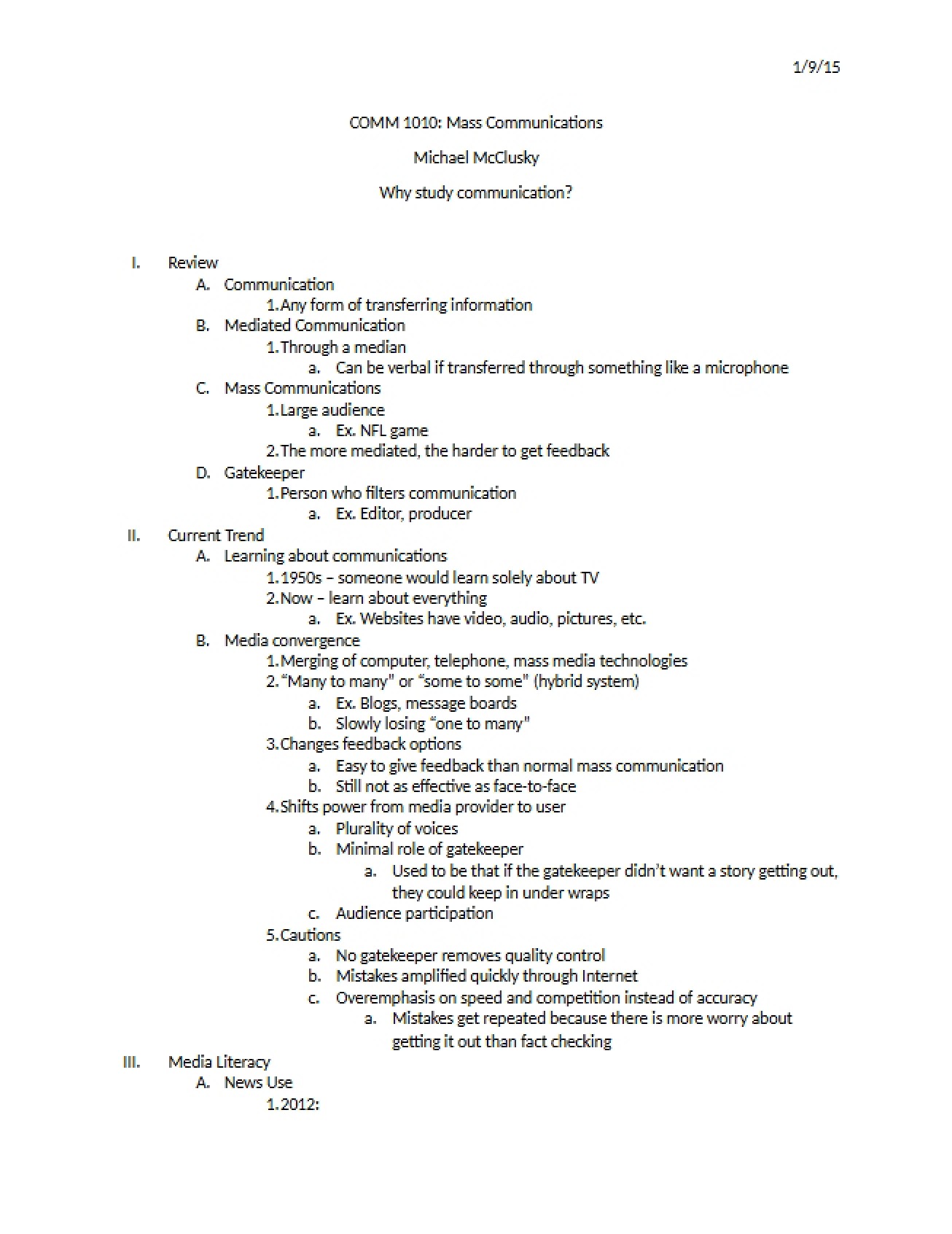 Mass Comm Lecture Jan 9, 2015