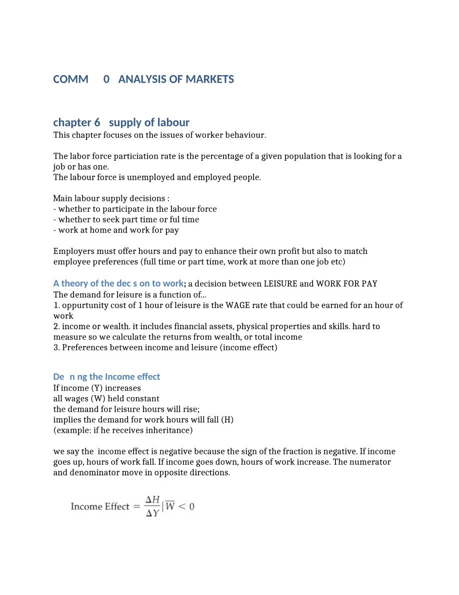 Supply of Labour - COMM 220 Chapter 6