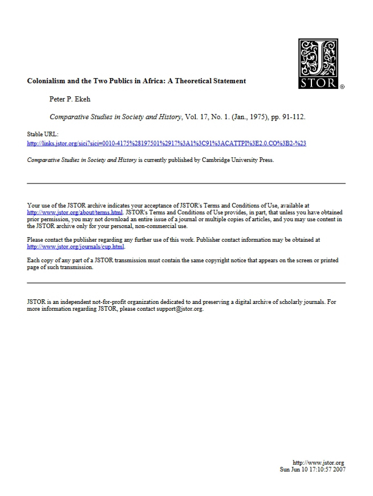 Theoretical Statement on Colonialism and the Two Publics in Africa