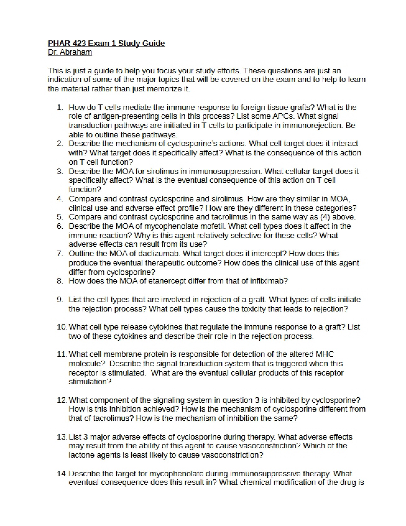 Study Guide for Exam 3 (PHAR 423)