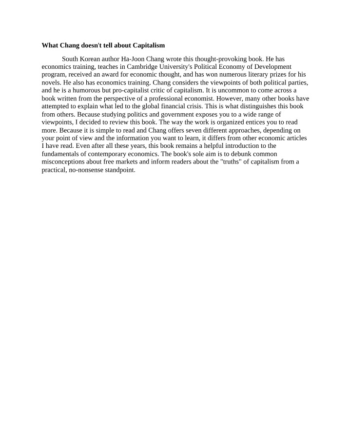 What Capitalism Doesn't Tell Us According to Chang
