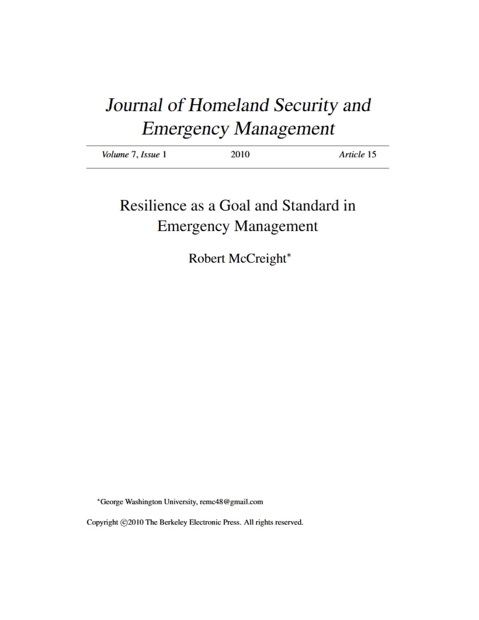 Emergency Management Resilience Goal