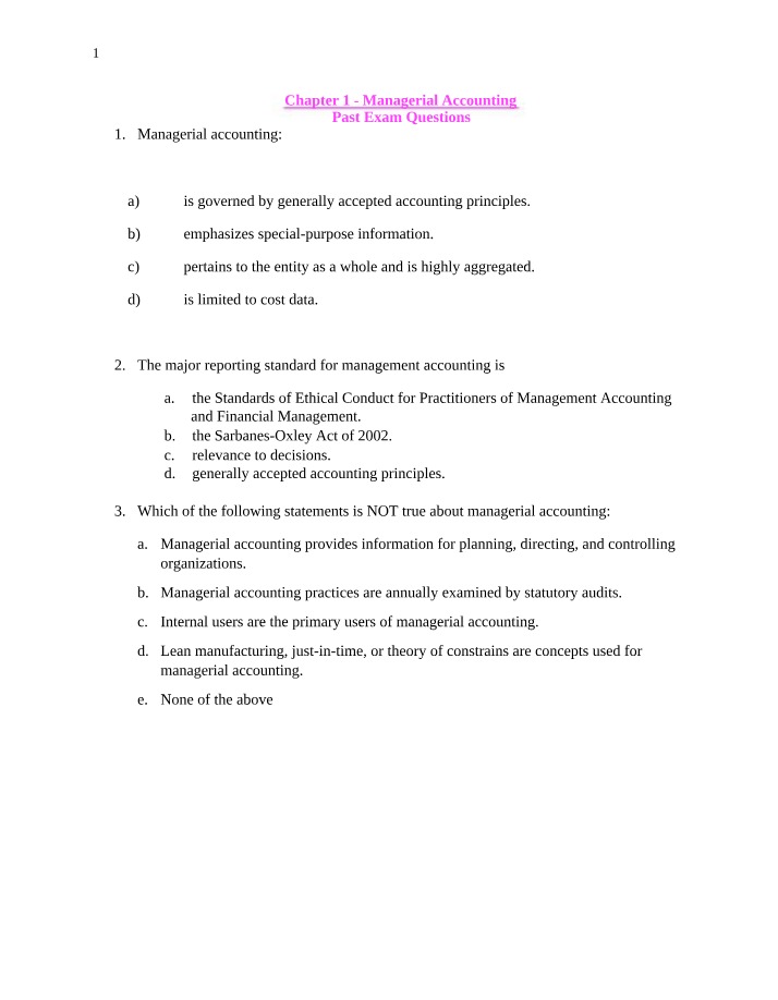 Past Exam Questions and Answers - Managerial Accounting
