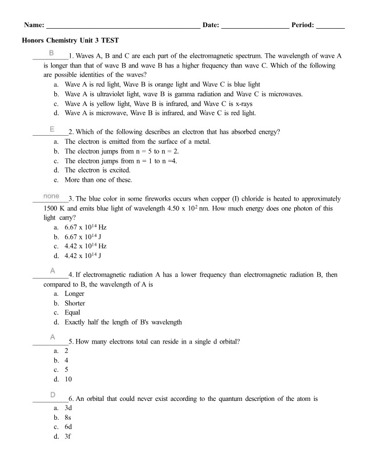 Honors Chemistry Unit 3 Test - Waves, Photons, Electron Energy