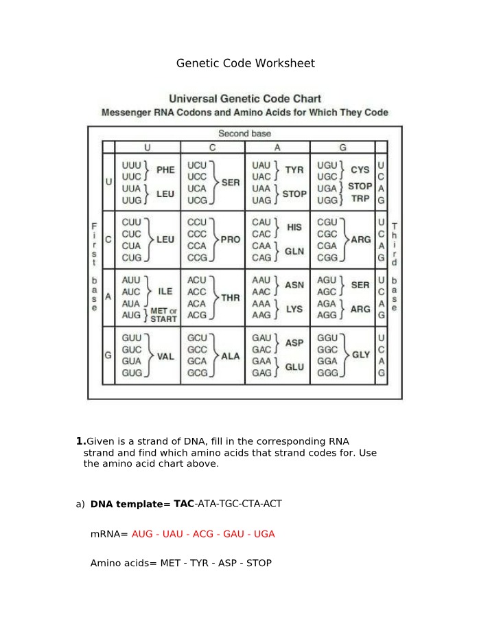 Worksheet on the Genetic Code