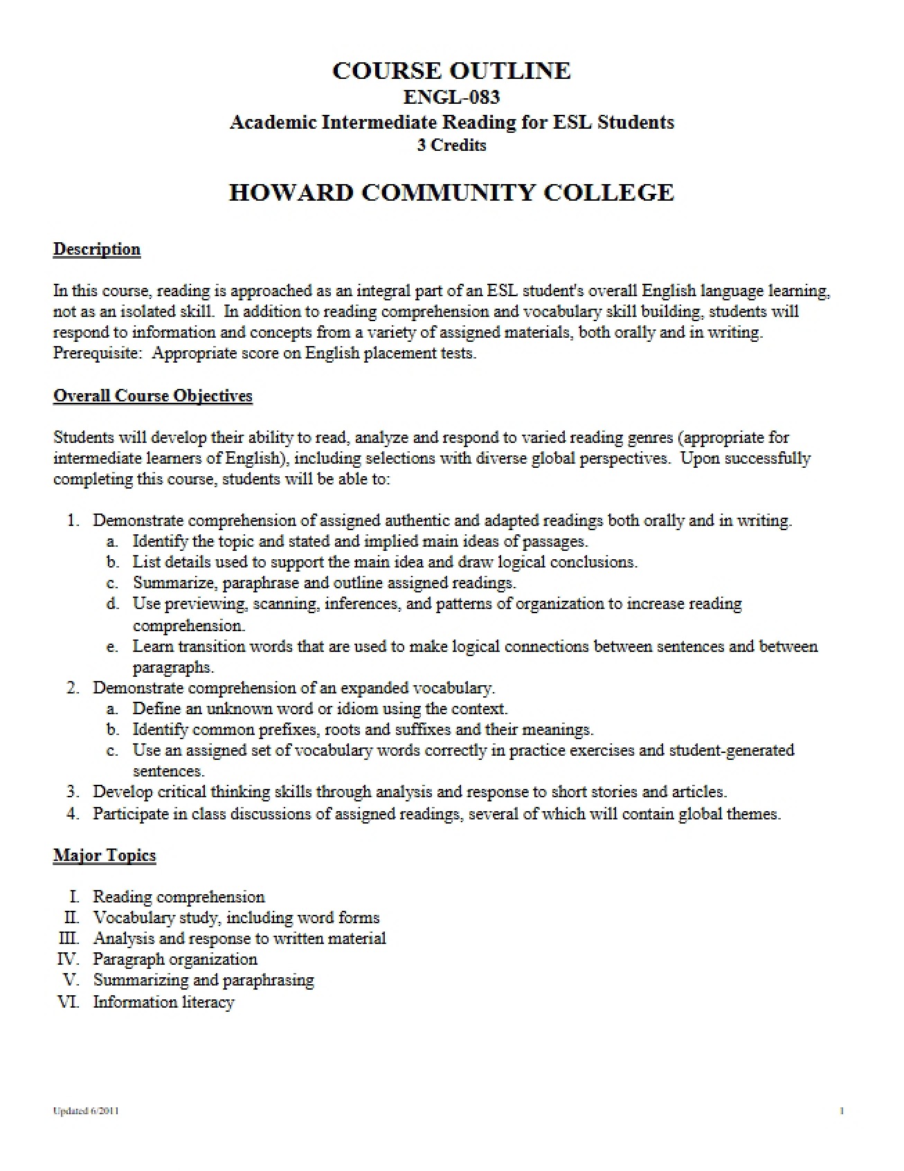 Intermediate Academic Reading for ESL Syllabus
