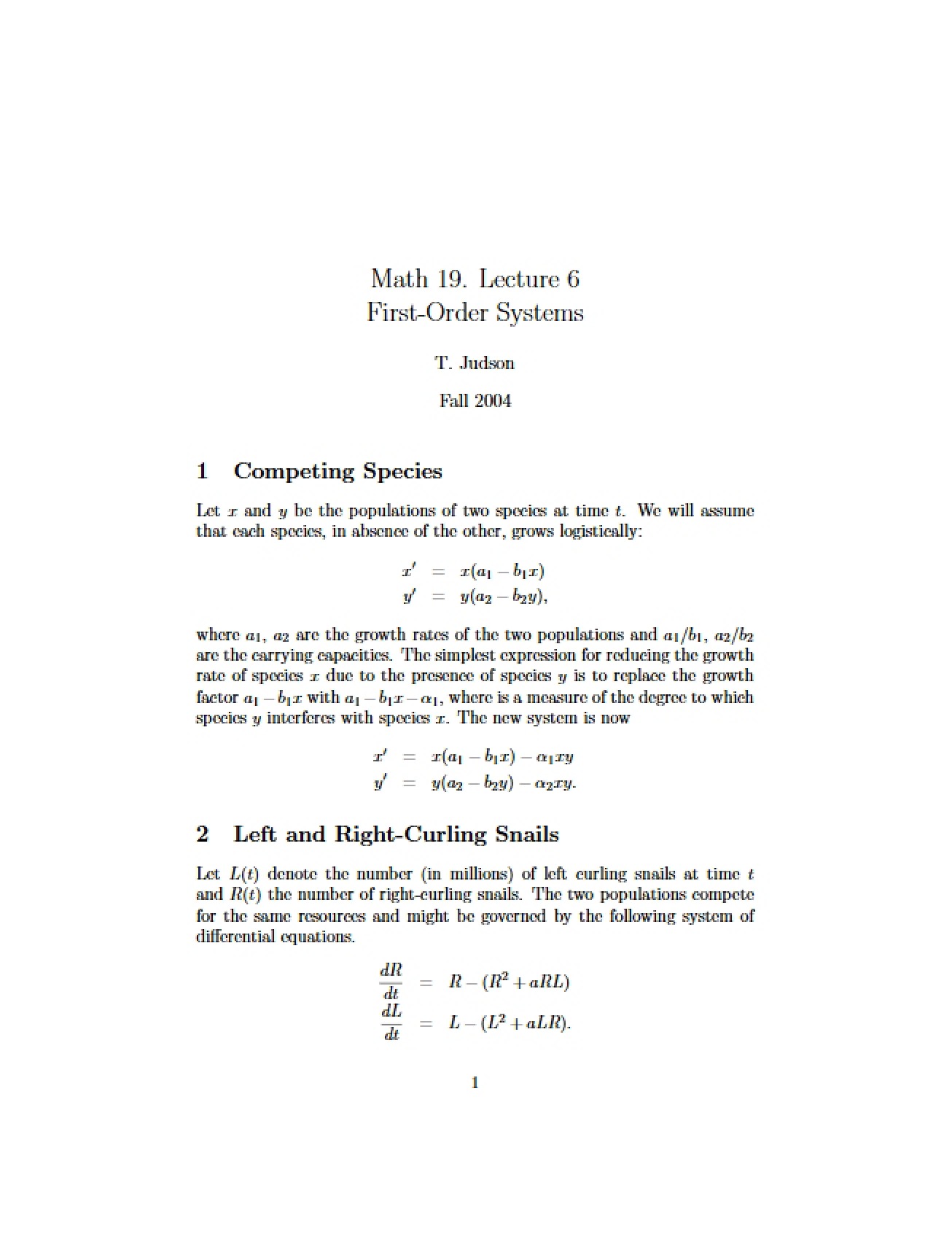 Life Science Modeling Lecture 6