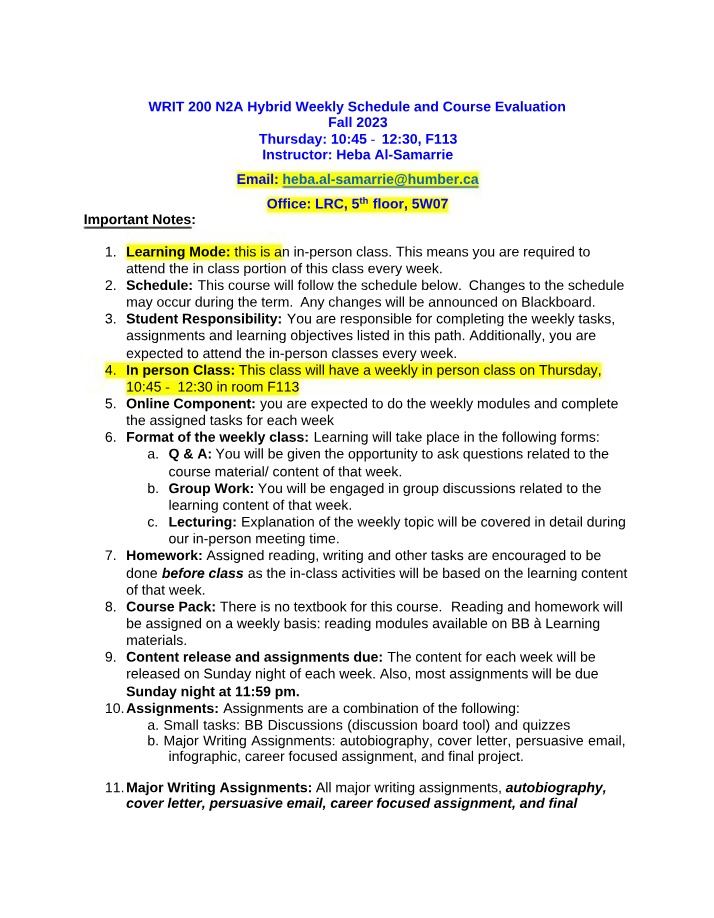 WRIT 200 Schedule and Course Evaluation