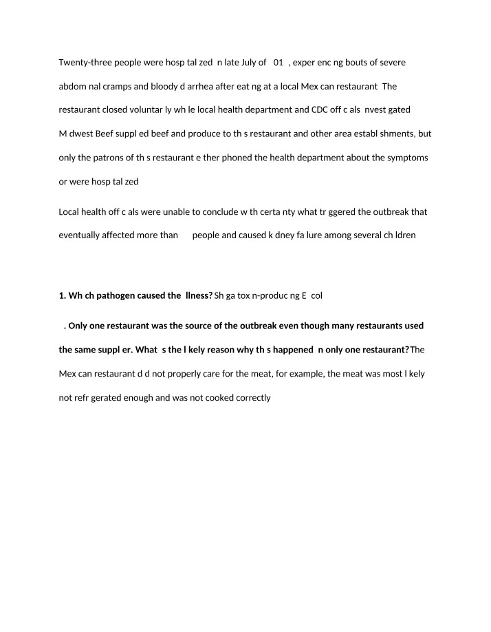 Case Study - Reported Foodborne Outbreak