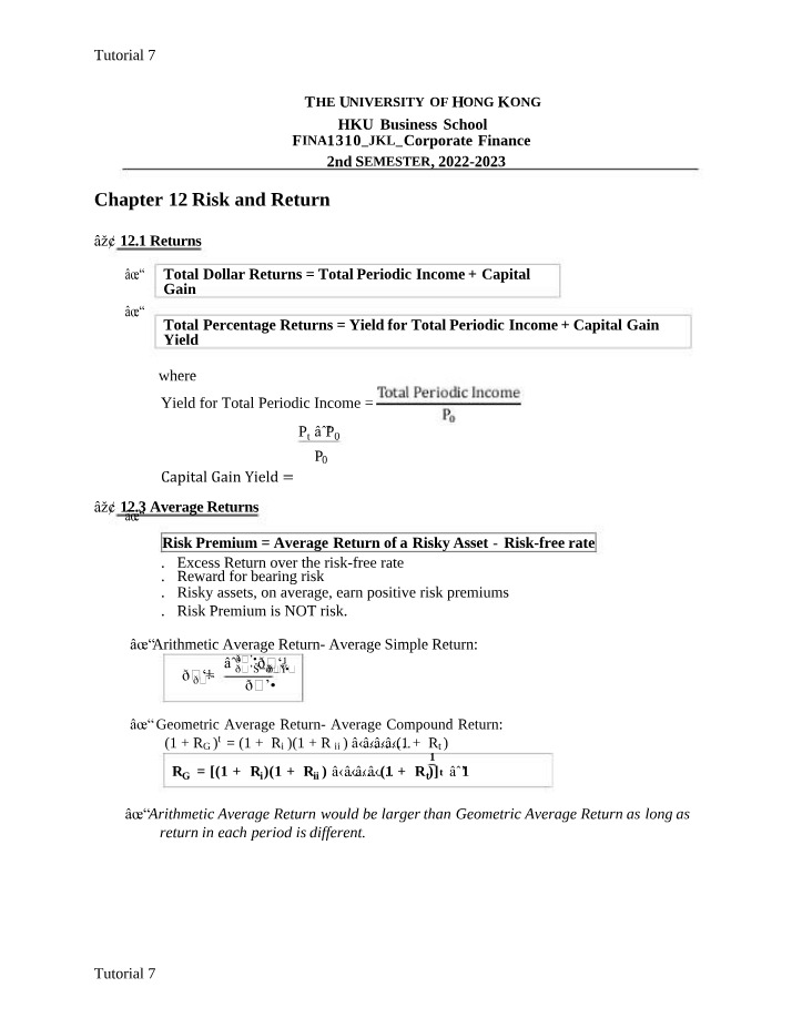 FINA1310 Tutorial 7