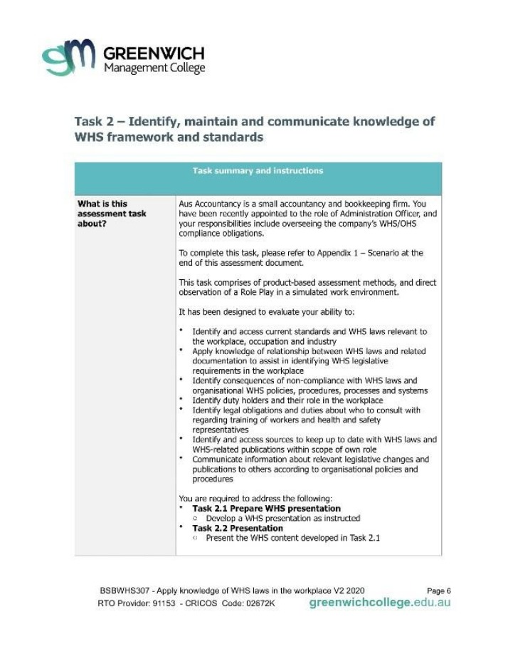Apply WHS Laws in the Workplace (BSBWHS307) - Assessment Task 2
