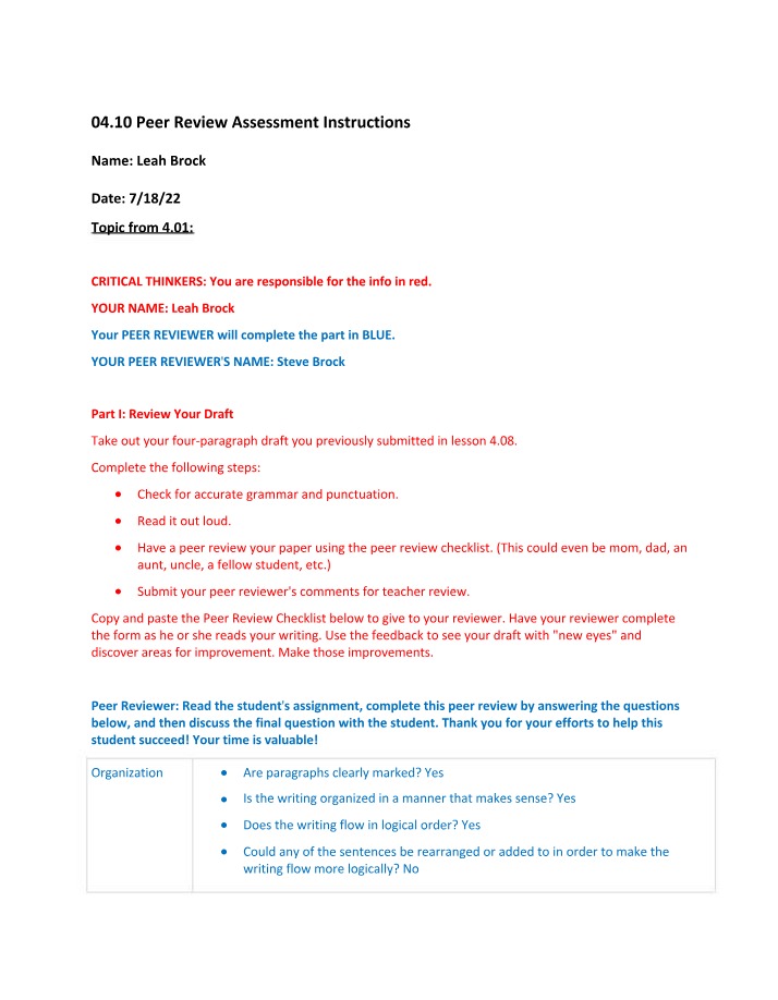 Instructions for Peer Review Assessment