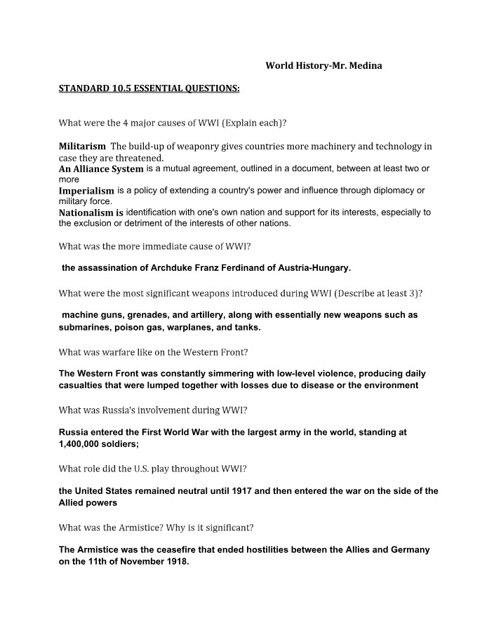WWI Causes, Weapons, and Armistice Study