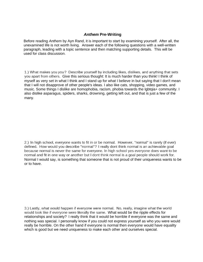 Anthem - Pre-Writing Notes