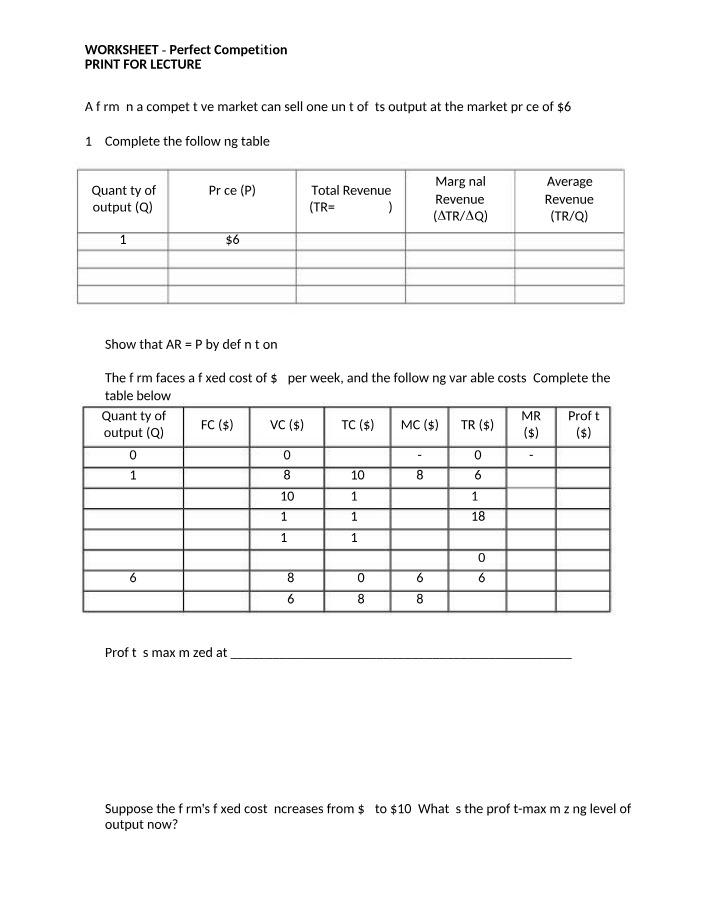 Worksheet on Perfect Competition
