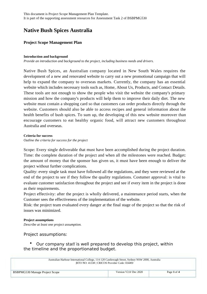 Template for Project Scope Management Plan
