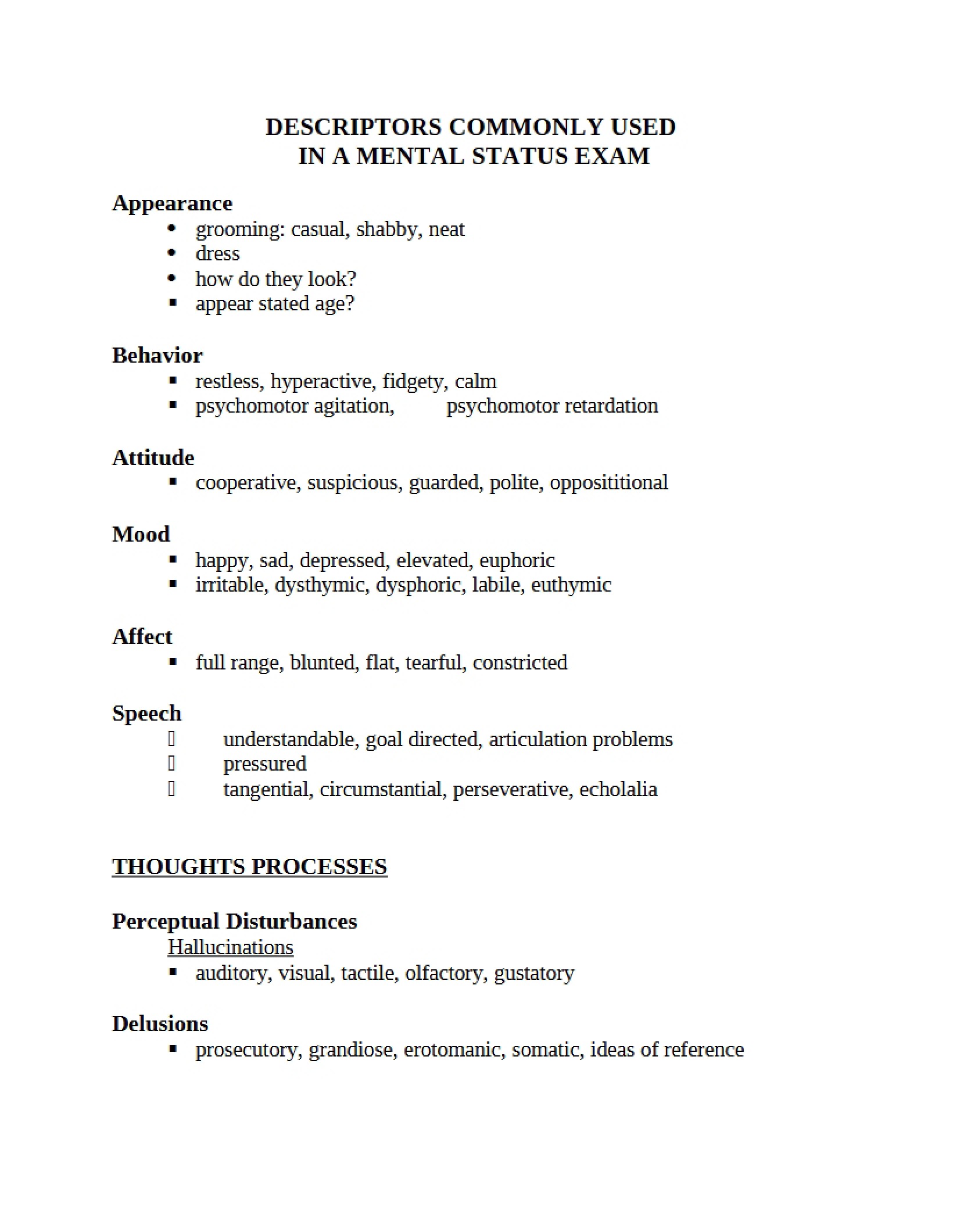 Common Descriptors for Mental Status Exams