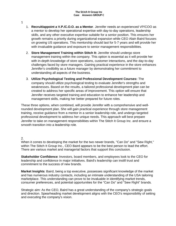 Stitch It Group Inc. - Case 3 Answers (Group C)