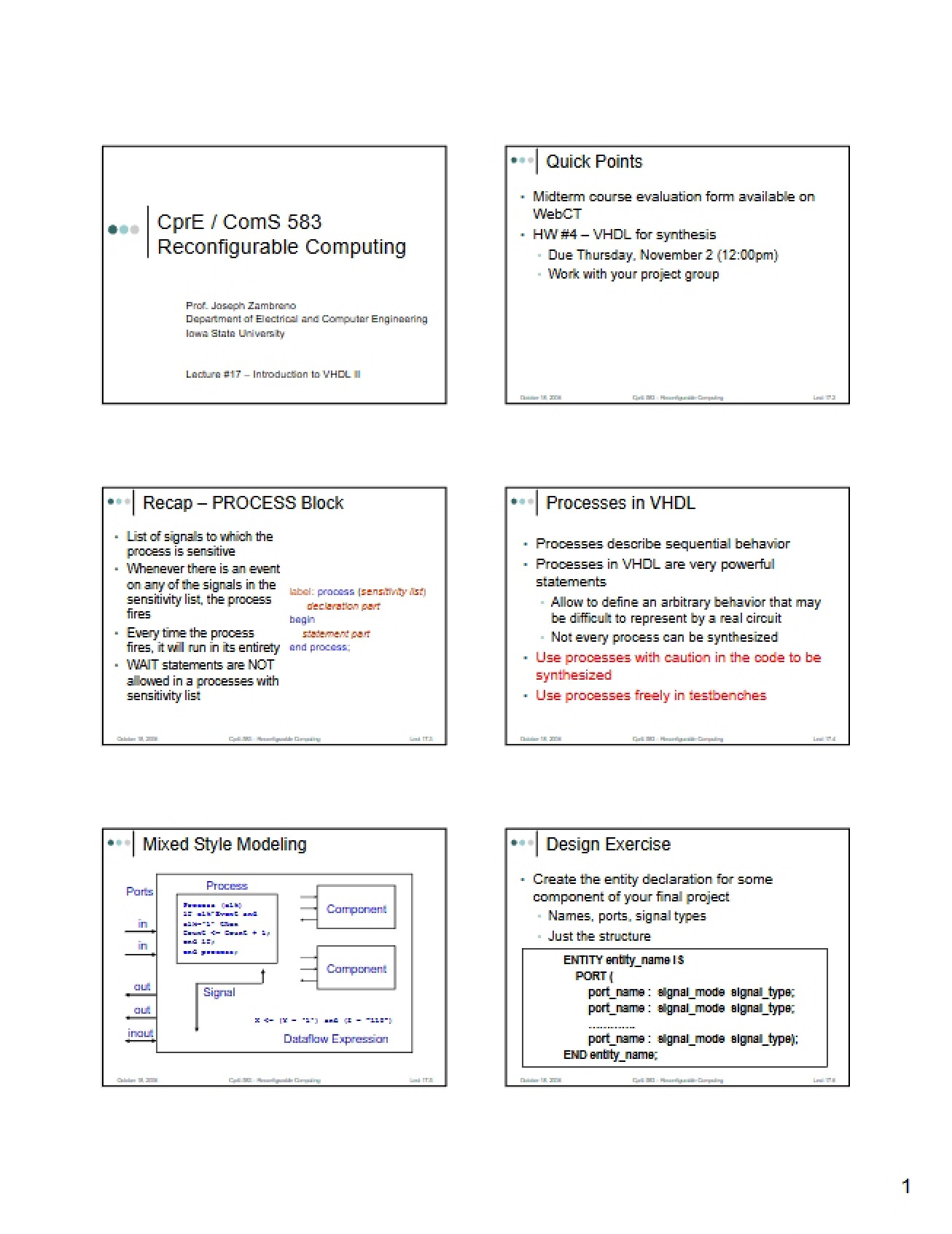 Seventeenth Lecture on Reconfigurable Computing