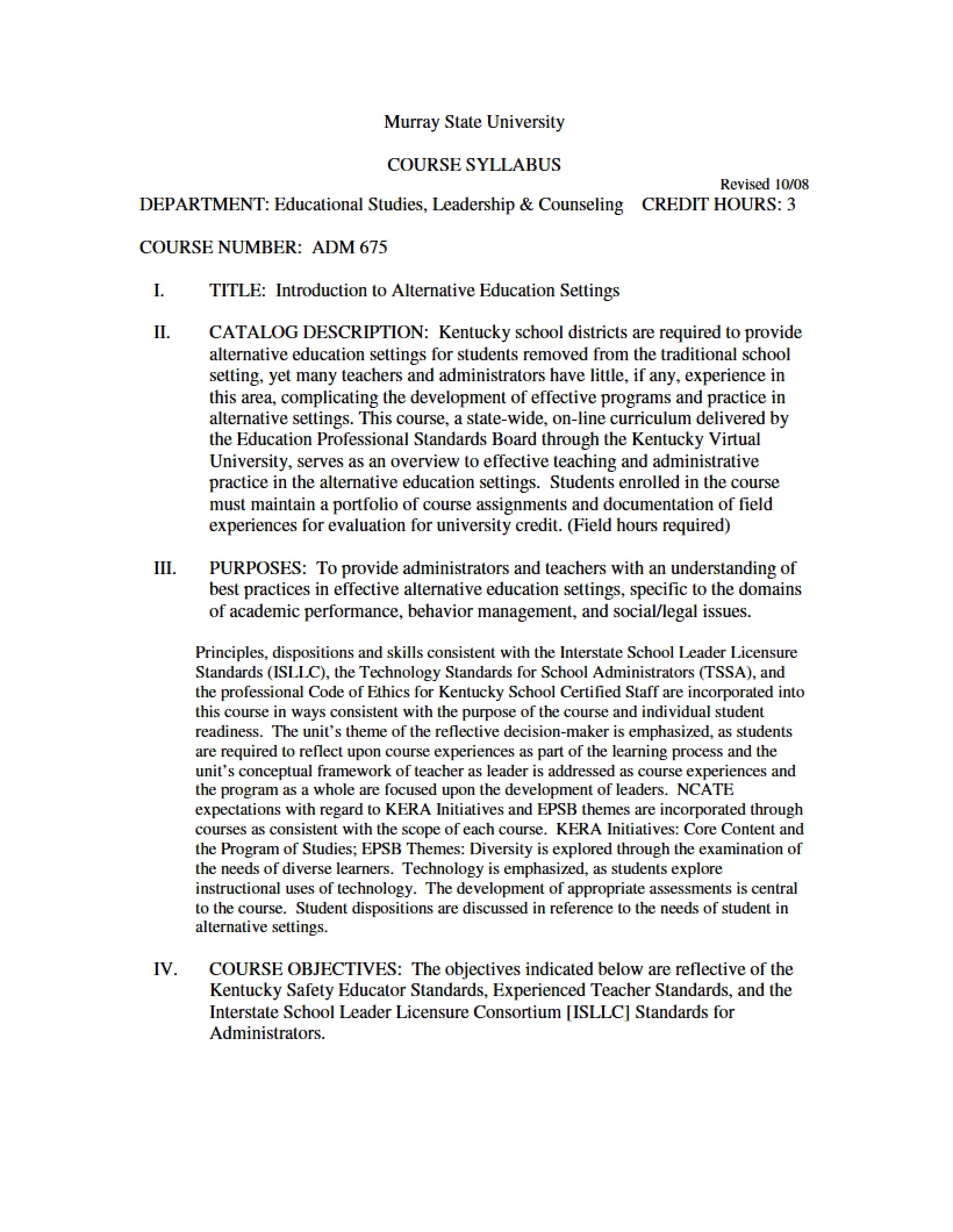 Syllabus - Introduction to Alternative Education Settings