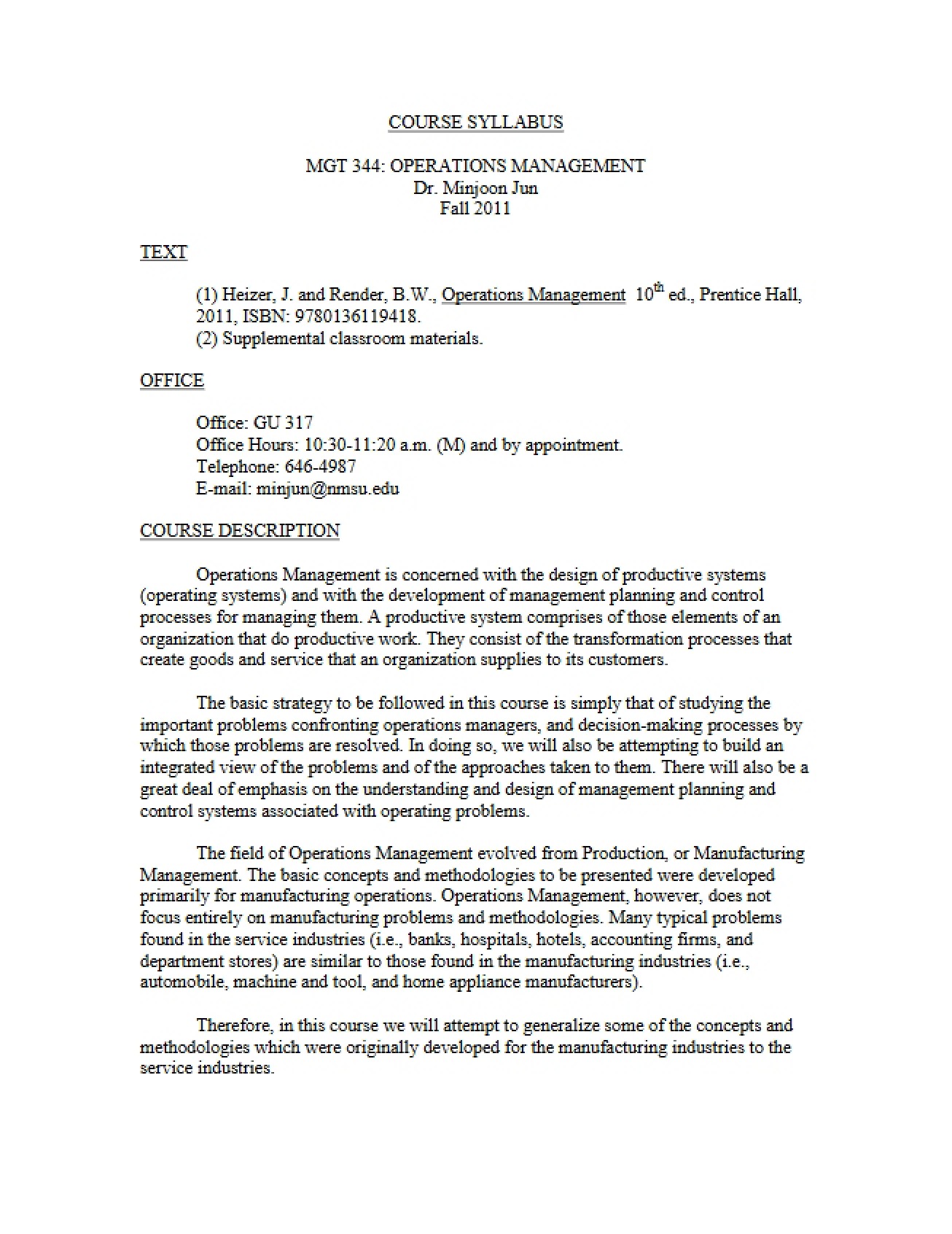 Operations Management Syllabus - Fall 2011 - Jun