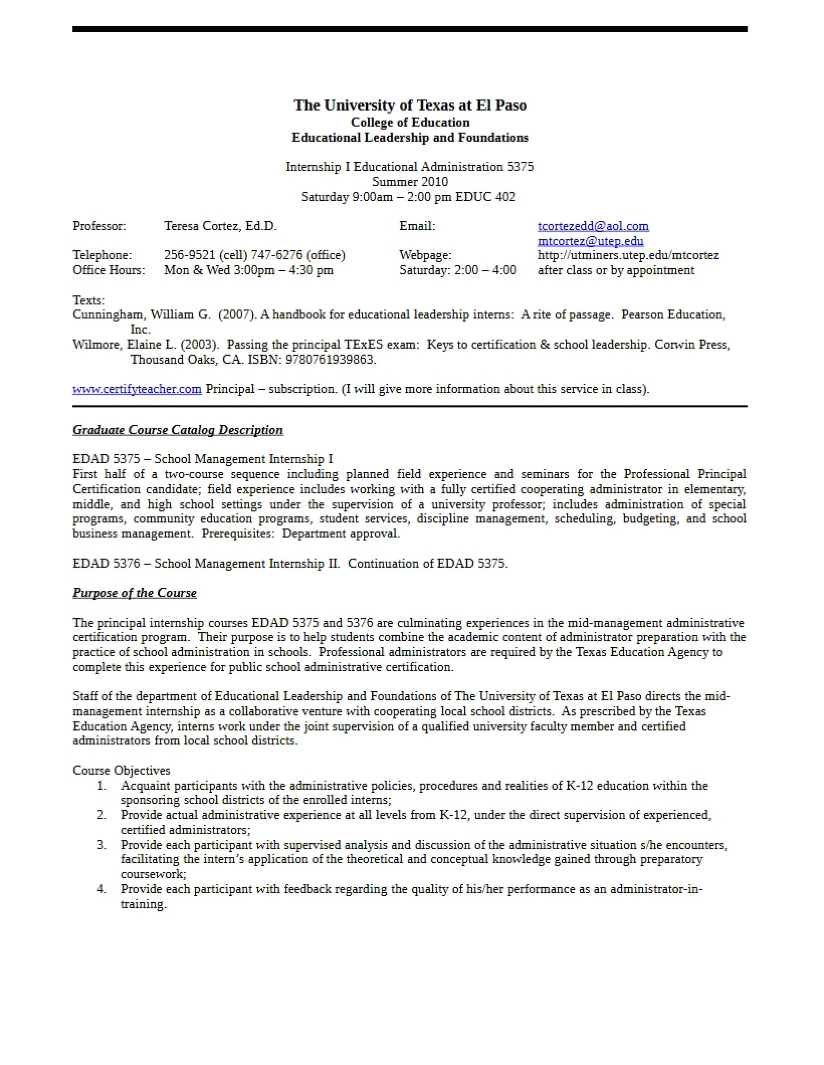 School Management Internship I Syllabus - 15 Pages