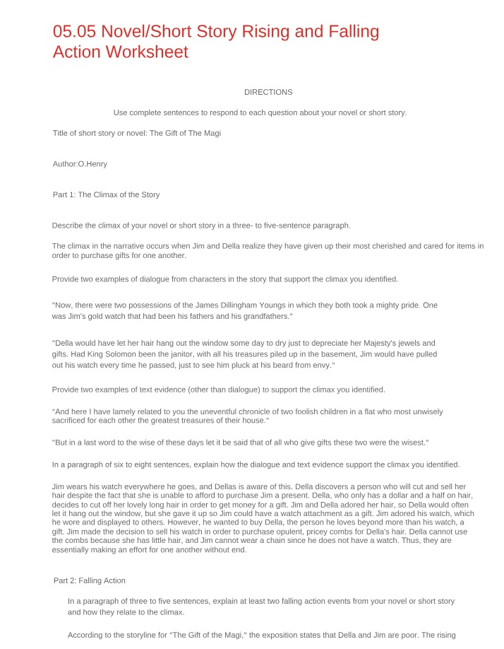 Worksheet - The Gift of the Magi - A Tale of Sacrifice and Love
