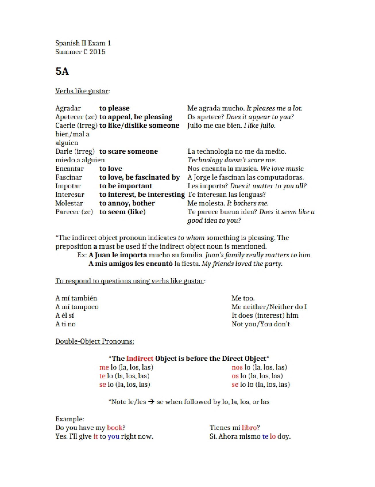 Exam One Spanish II
