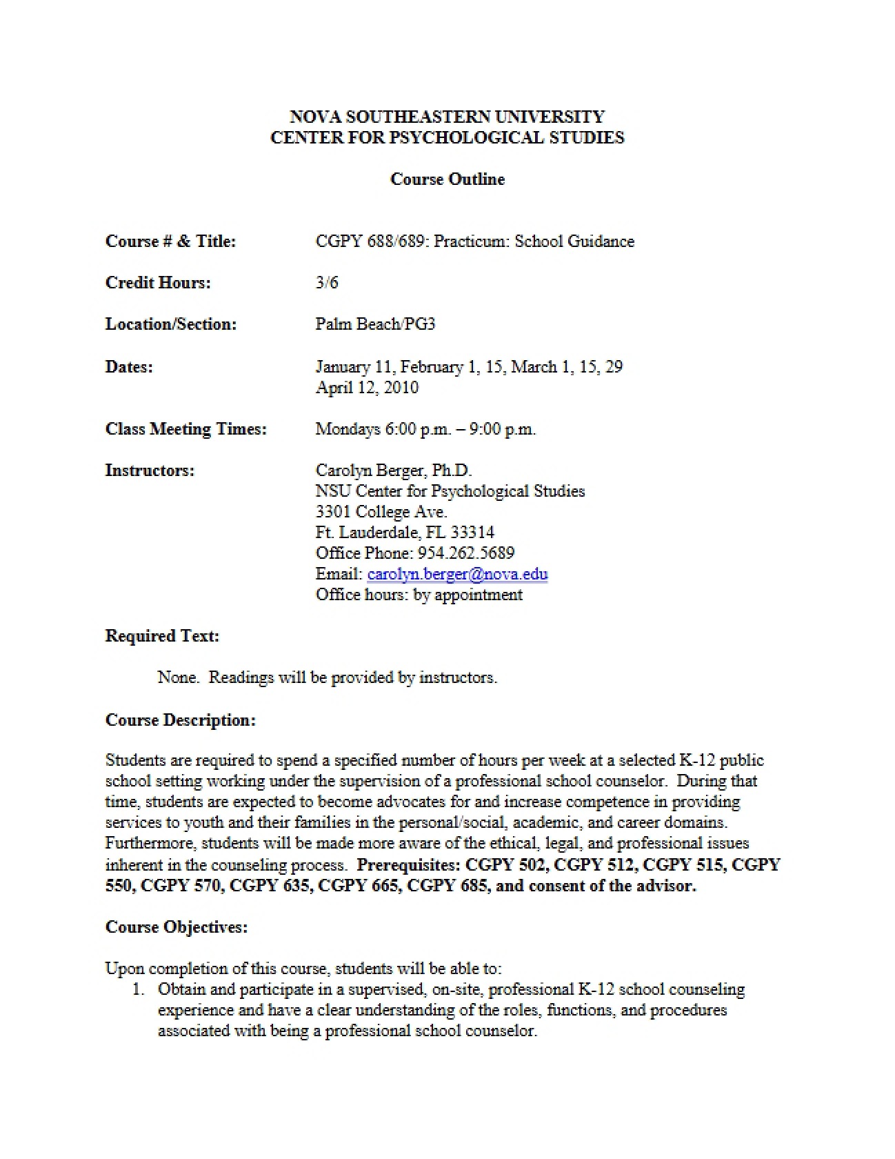 Academic Outline: School Guidance Practicum