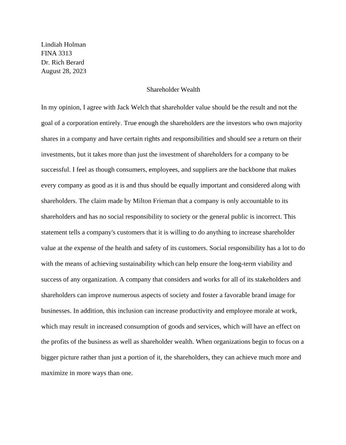 Essay on Shareholder Wealth