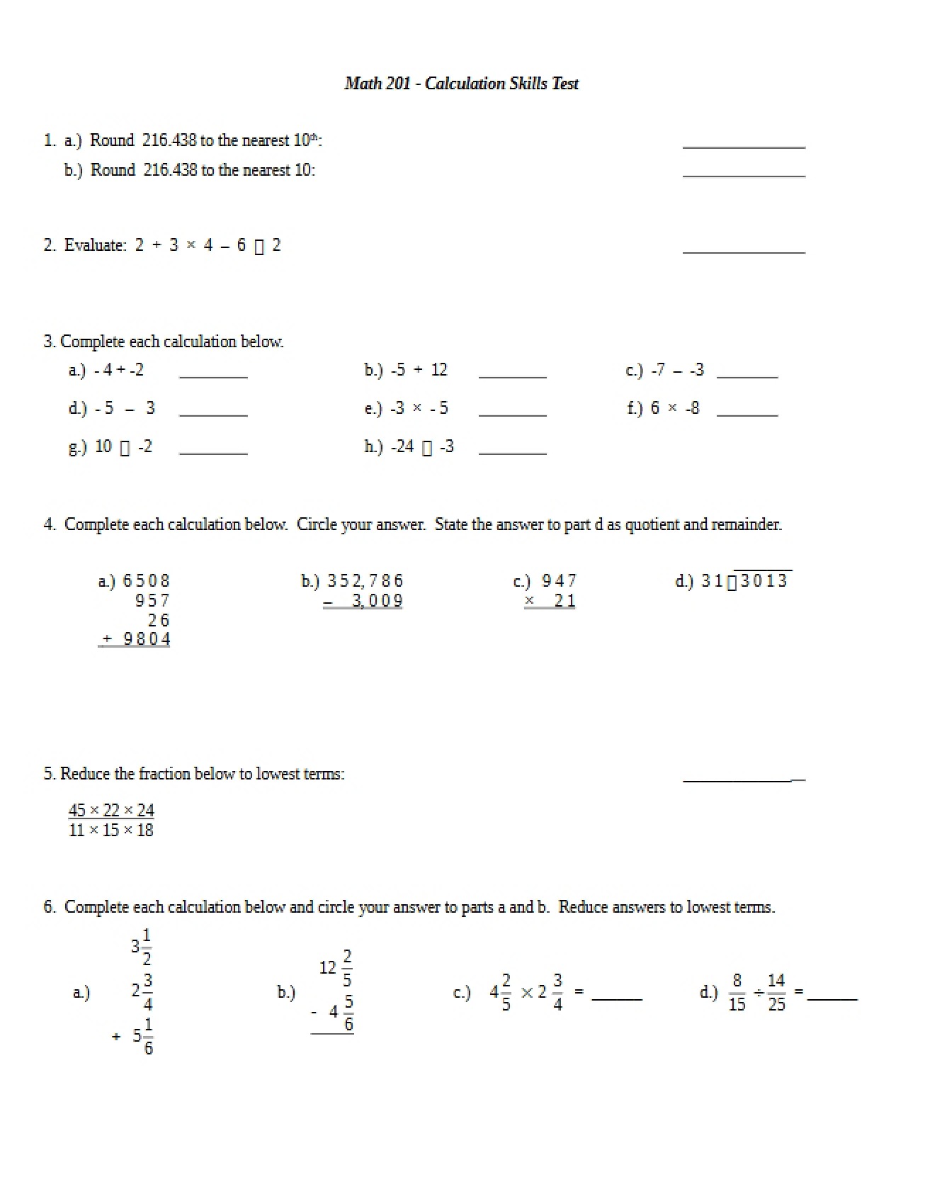 Test of Calculation Skills