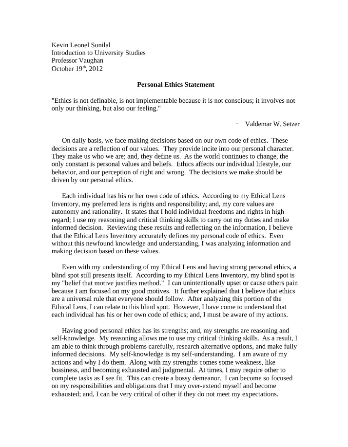 Statement of Personal Ethics