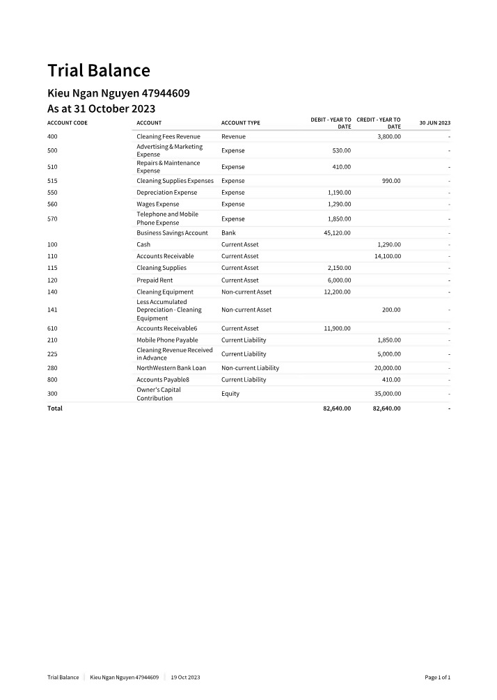 Trial Balance Worksheet