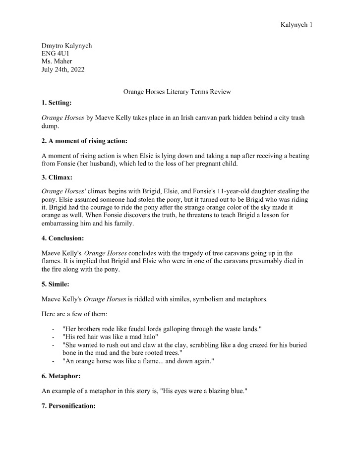 Literary Terms Review for Orange Horses
