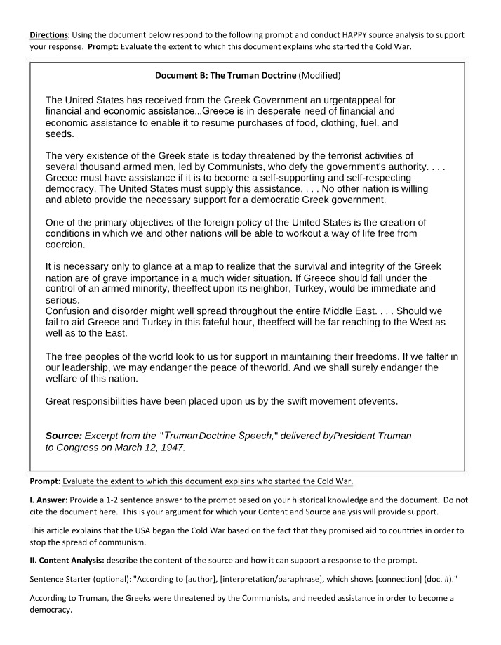 The Truman Doctrine and the Cold War - Document Analysis
