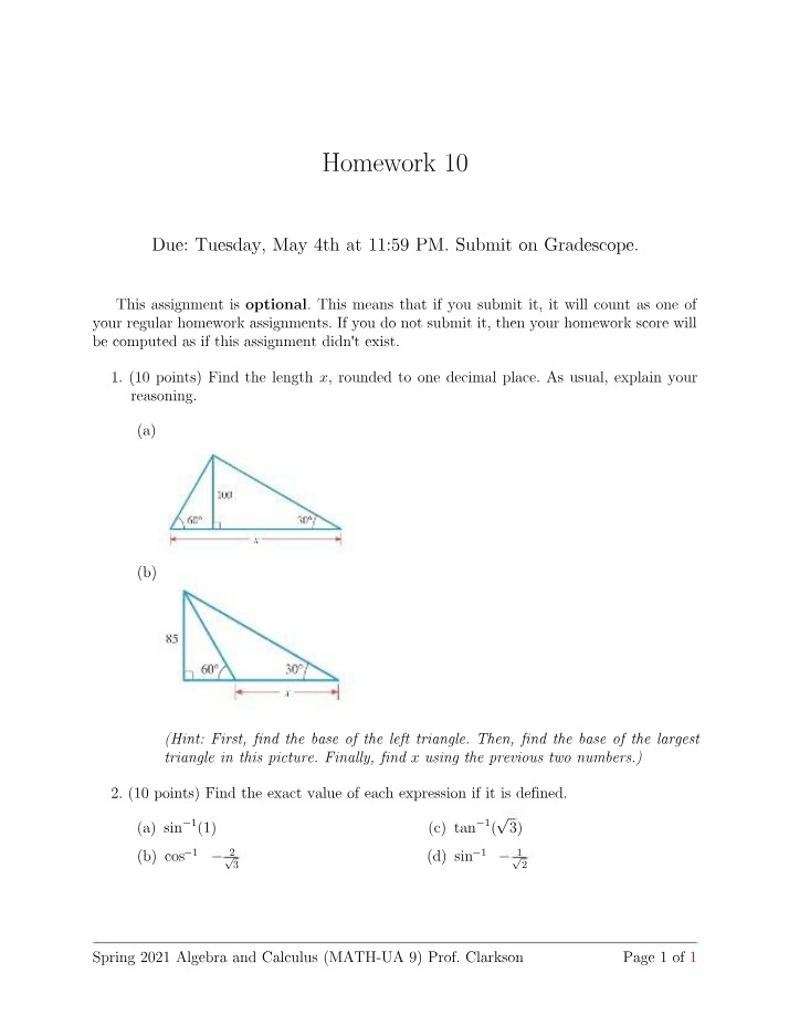 Algebra and Calculus Homework 10