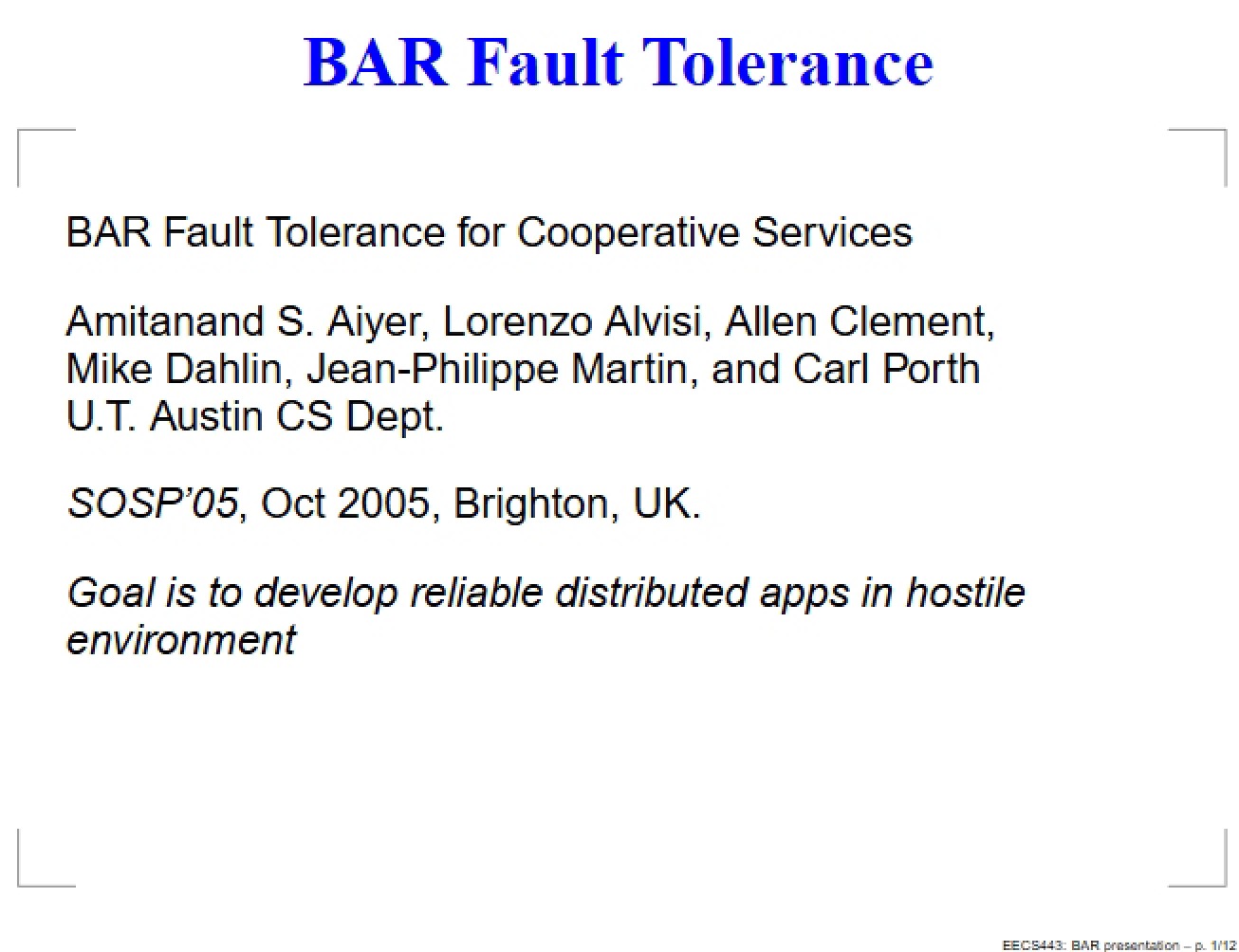 Fault Tolerance BAR