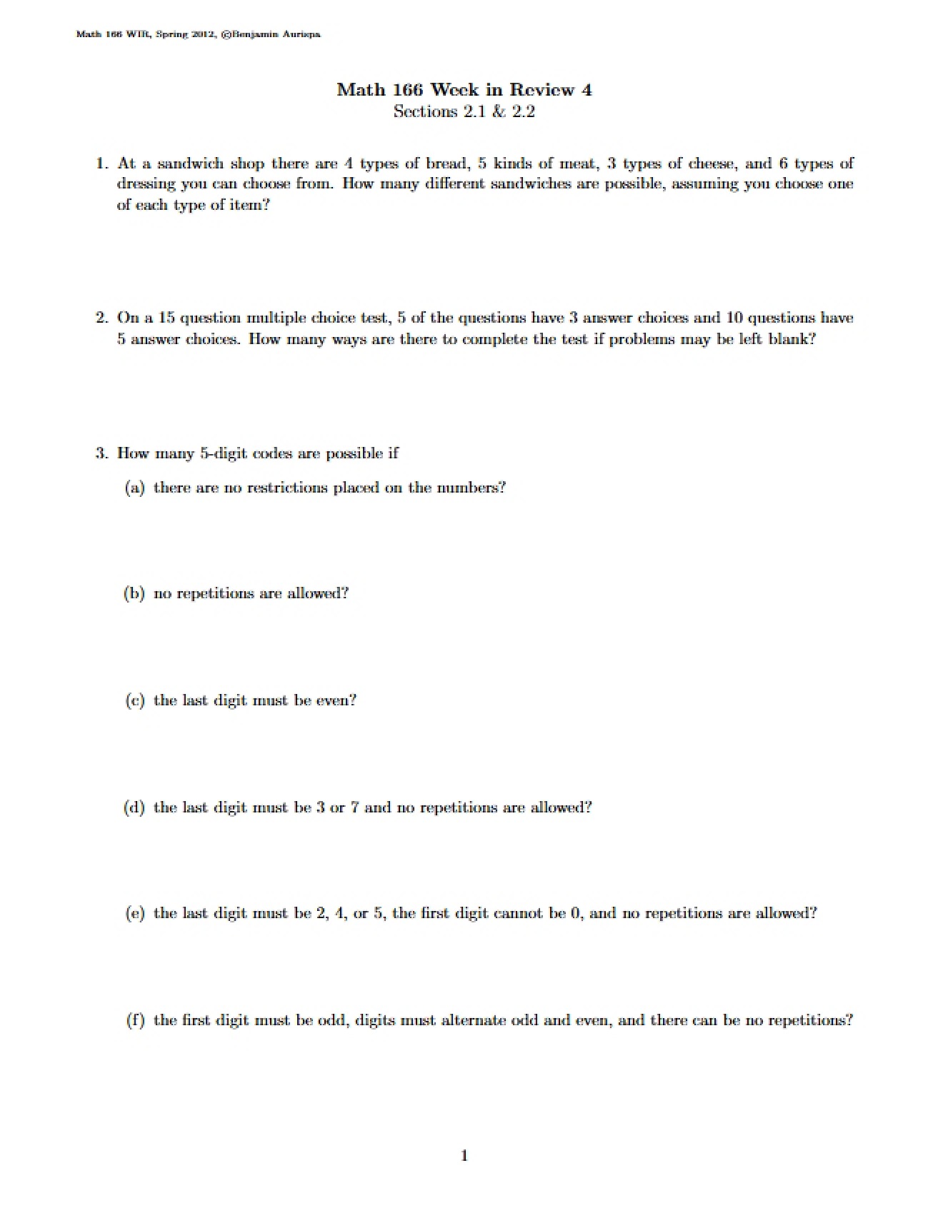 Weekly Review Worksheet Four (2012, Version A)