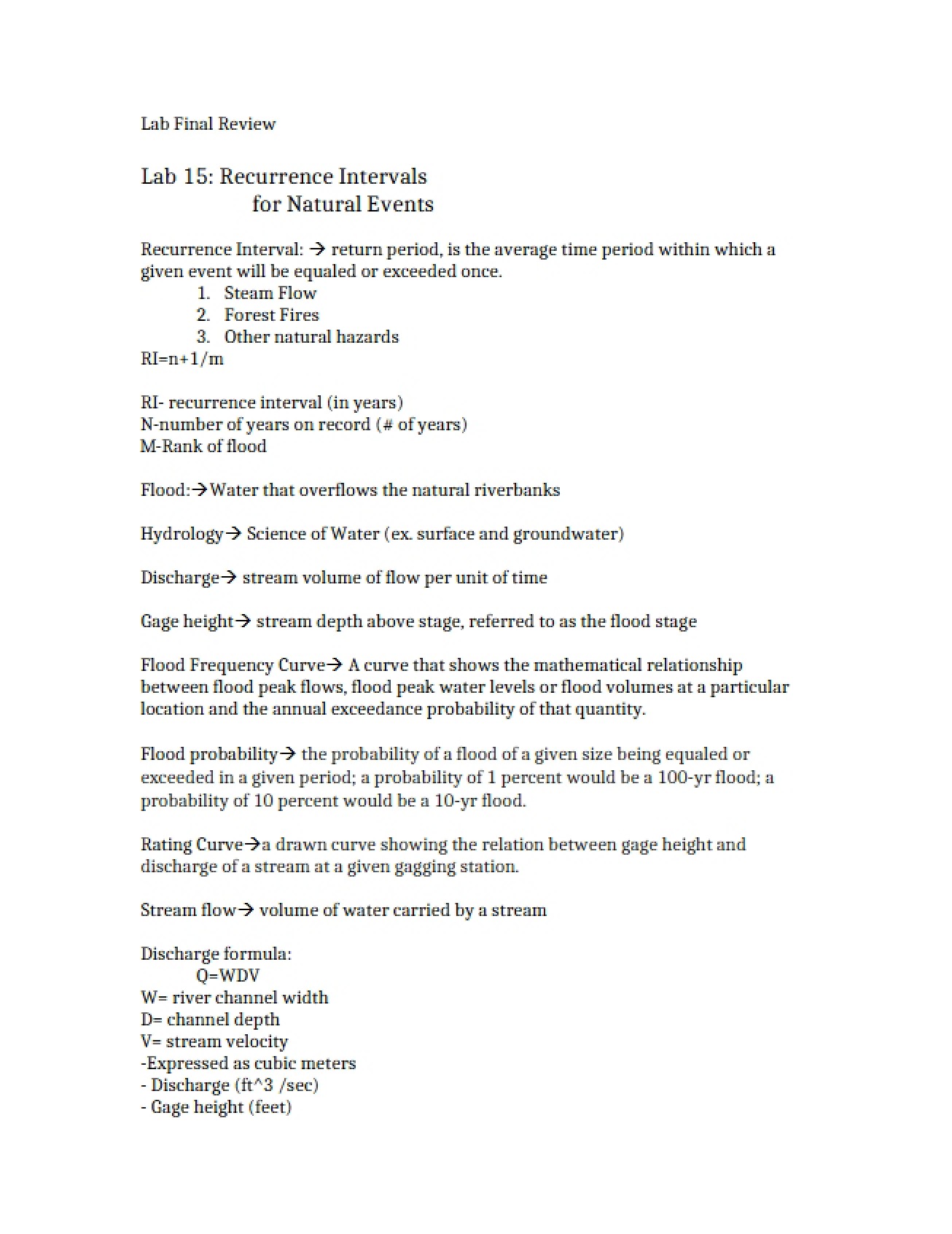 Recurrence Intervals Laboratory 15