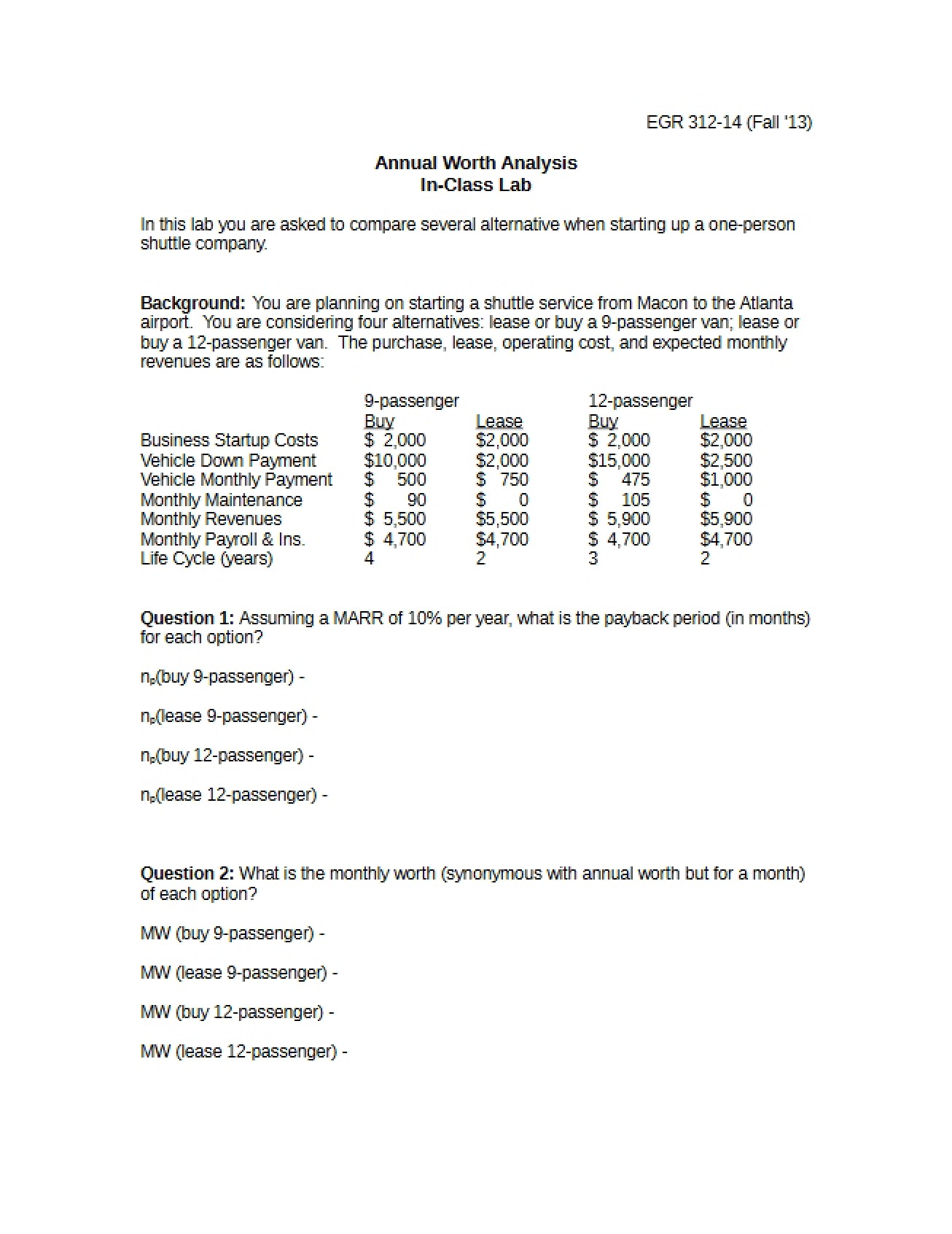 In-Class Lab Annual Worth Analysis