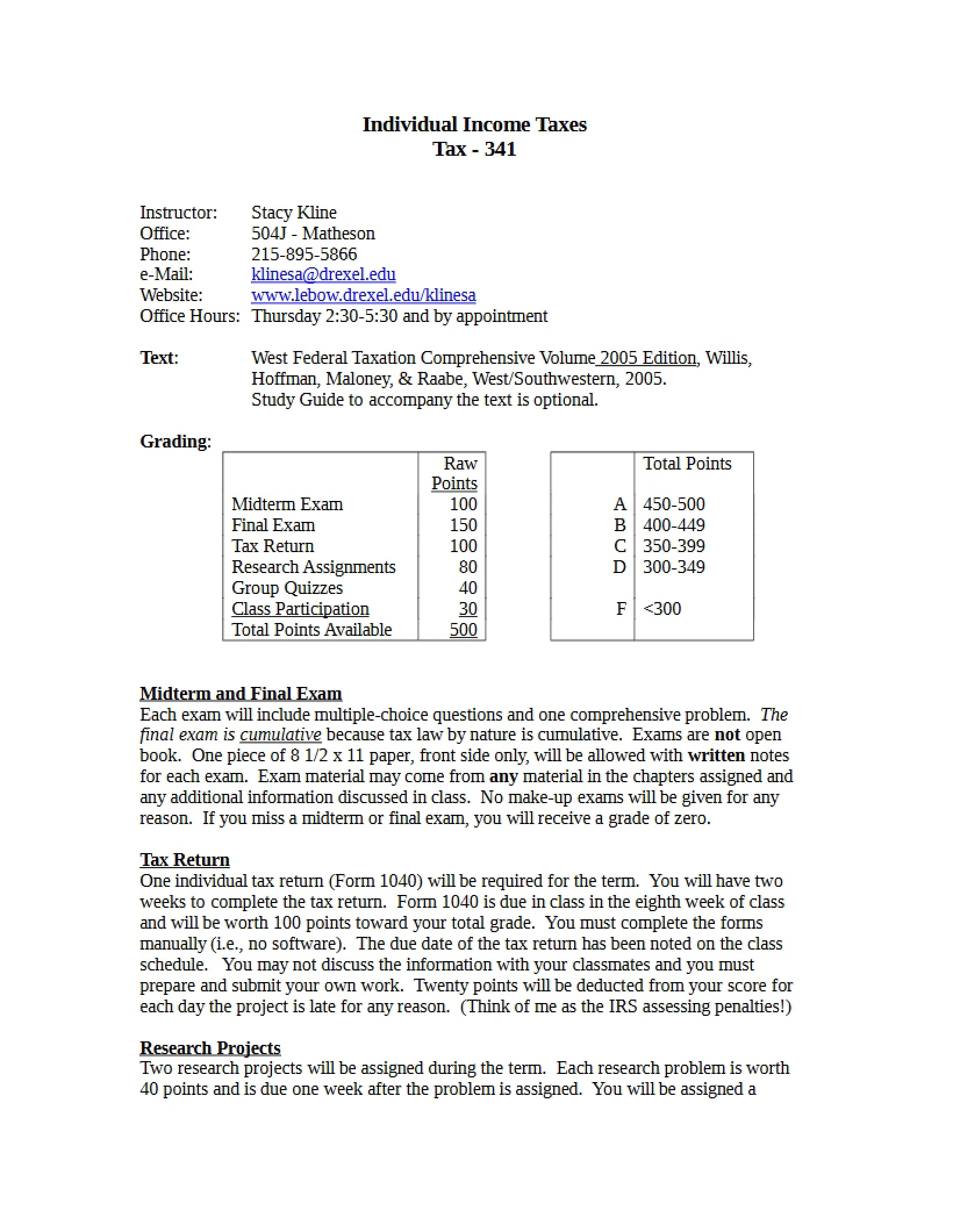 Course Syllabus for Tax 341