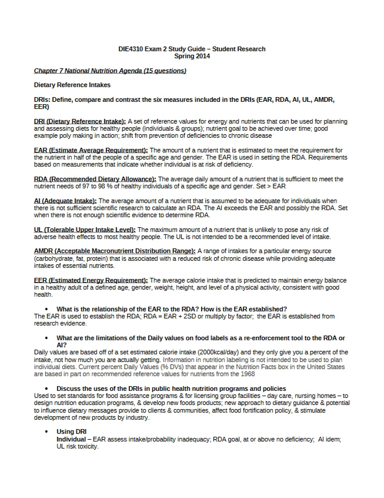 Study Guide for the Second Community Nutrition Exam