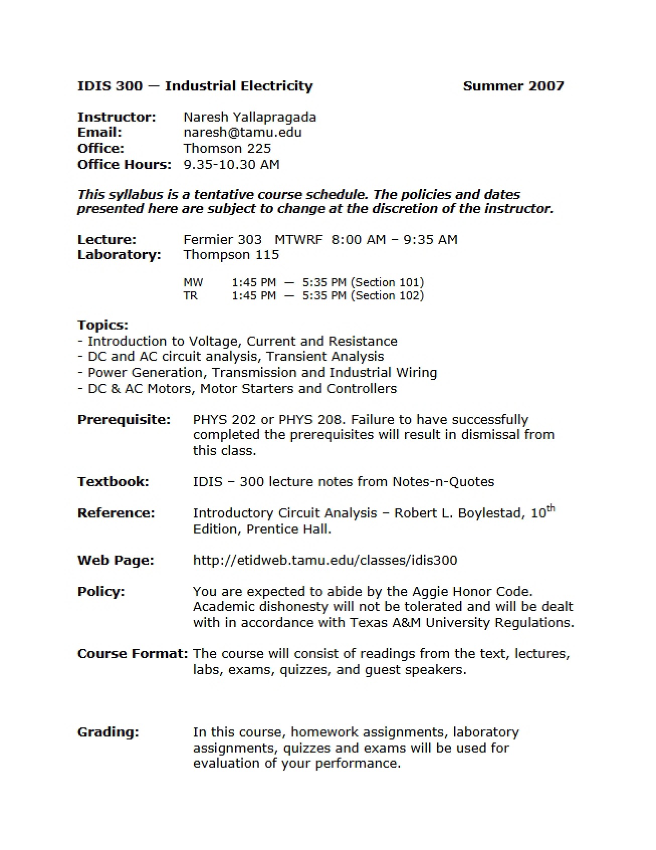 Syllabus for a Course on Industrial Electricity