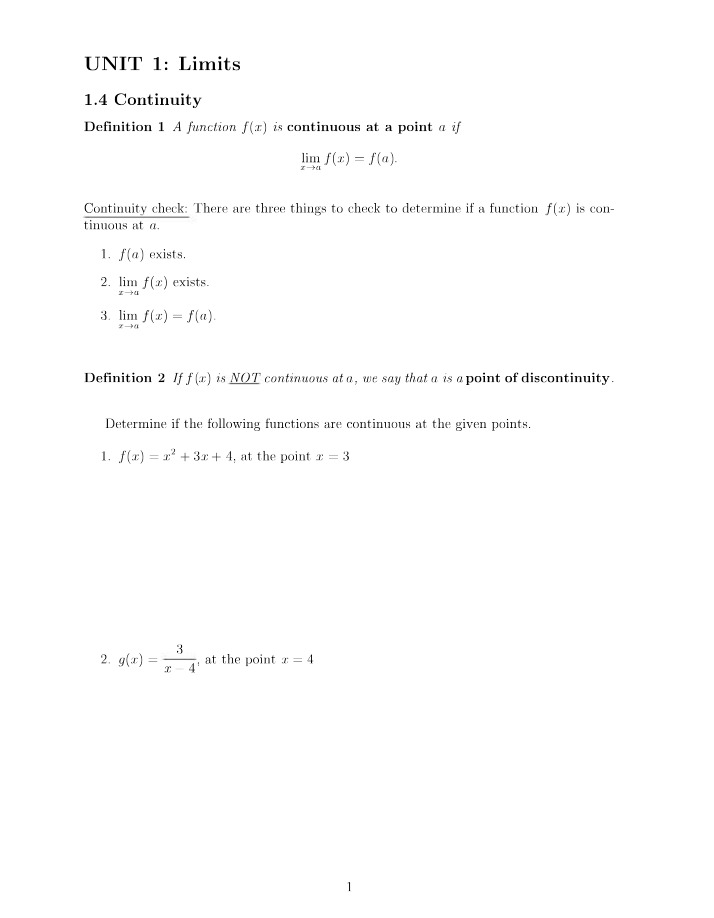 Continuity of Functions - Examples and Problems