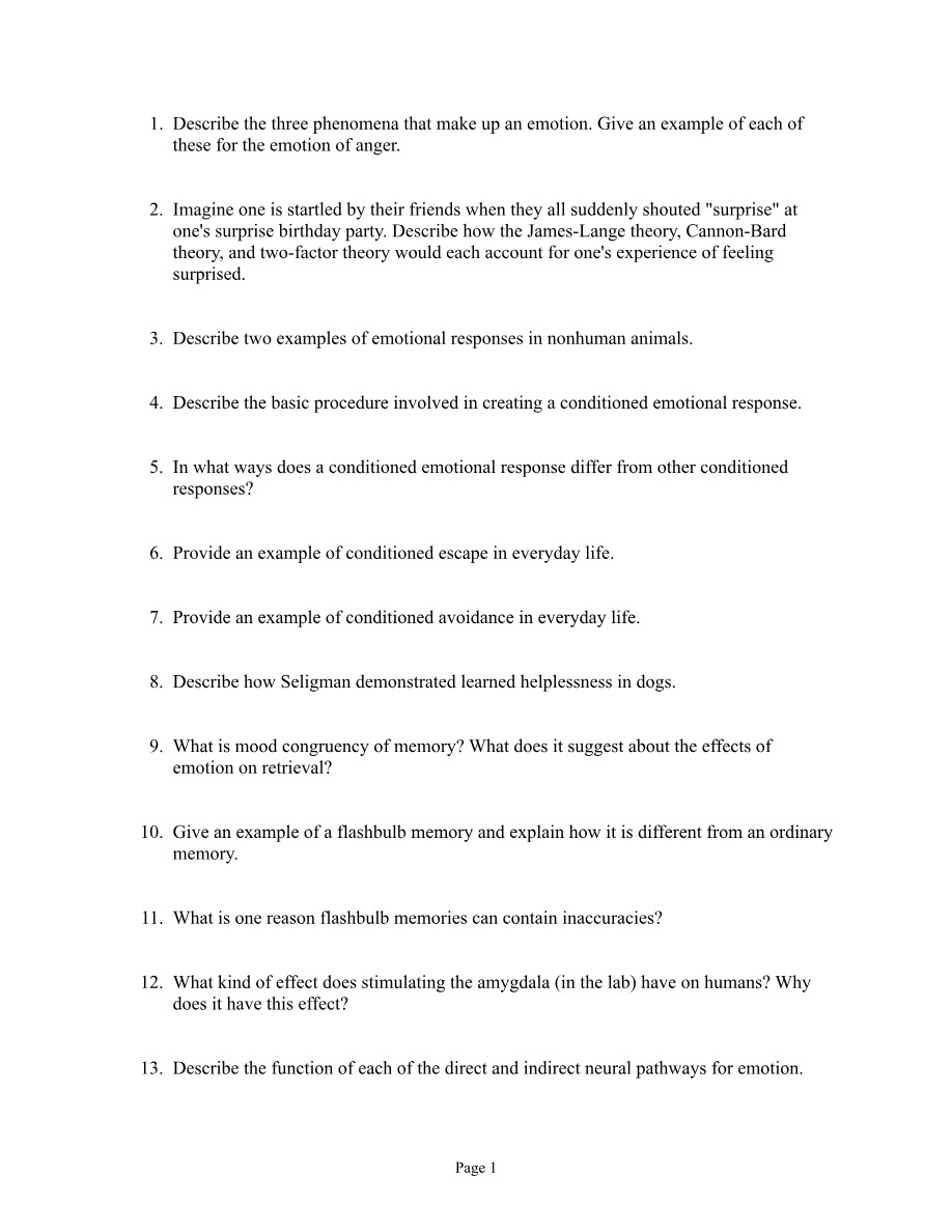 Questions and Answer Key for Emotion and Conditioning