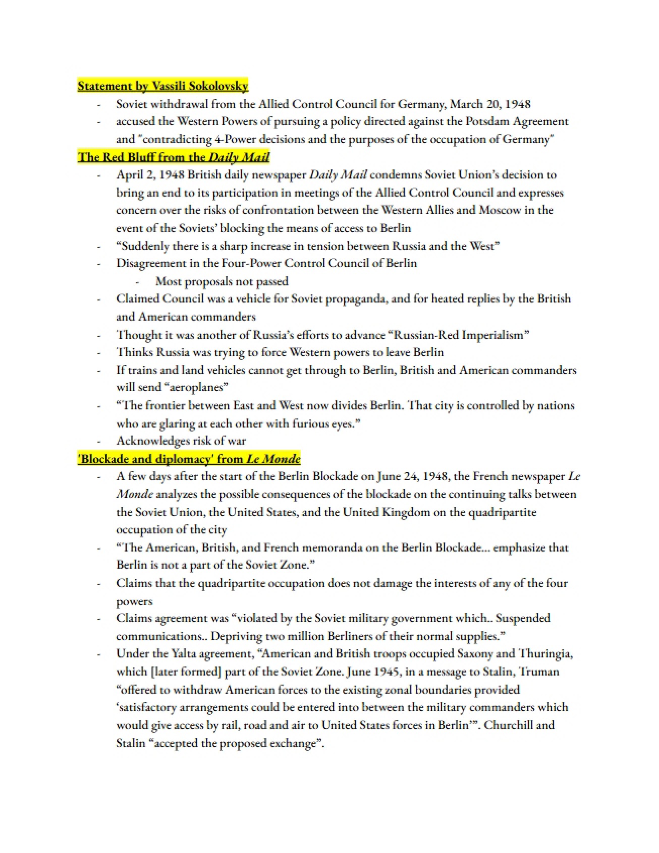 Berlin Blockade Notes