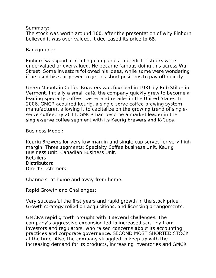 Green Mountain Coffee Roasters - Stock and Einhorn's Presentation